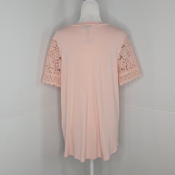 🎄 Adrianna Papell NWT lace details short sleeve top Large blush pink - Picture 4 of 17